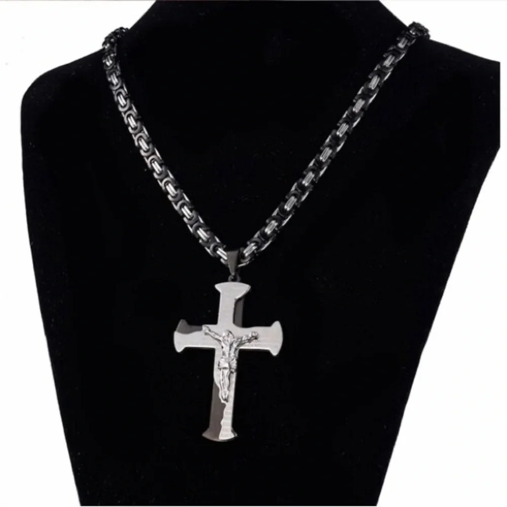 Jesus Crucifix Cross Necklace For Men Black and Silver Color Stainless Steel